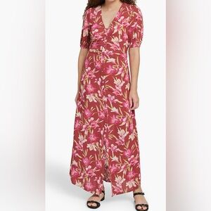 Faherty Sorrento Floral Maxi Dress XS Button Front V-Neck Tropical Print